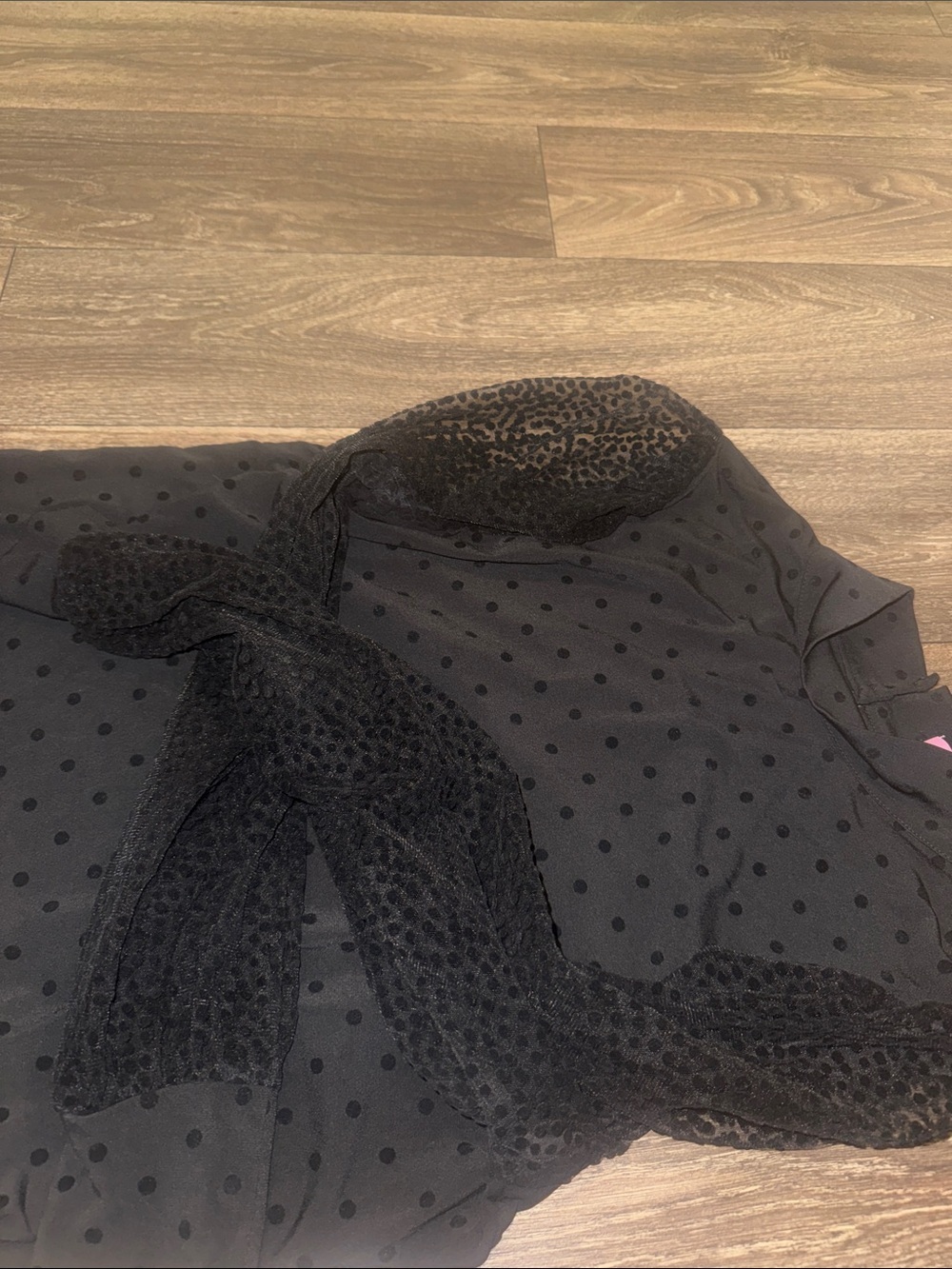 Eva Franco Black Polka Dot Mock Neck Top with Sheer Patterned Sleeves - Picture 9 of 14